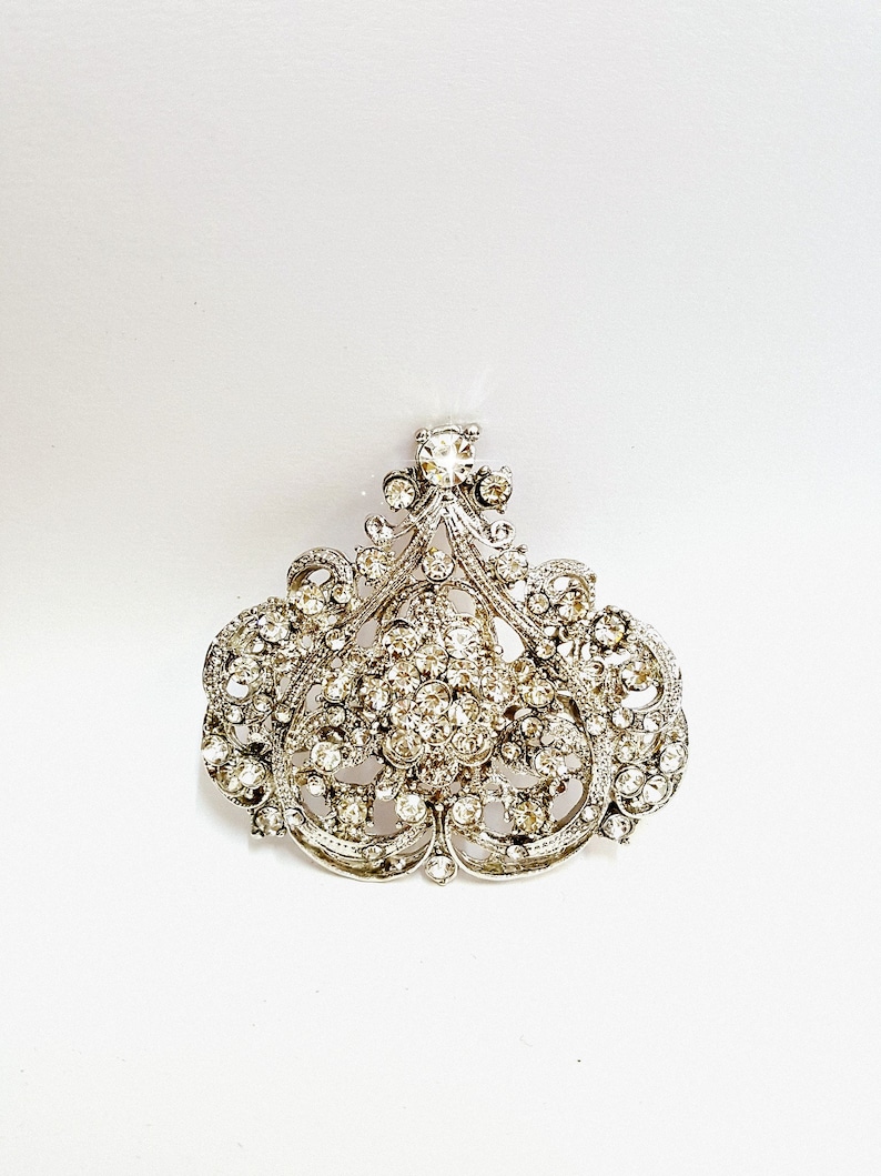 Pu&ograve; includere: Un fermaglio d'argento con un grande designo ornato con un gruppo di strass trasparenti.