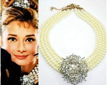 AUDREY HEPBURN  Chunky Pearl Choker, 4 Row Pearls Necklace & Rhinestone , Statement Necklace ,Layered Pearl Choker