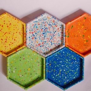 Jesmonite Hexagon Trinket Trays Terrazzo Style in a Variety of Colours // handmade homewares, jewellery dish, handmade gifts for them