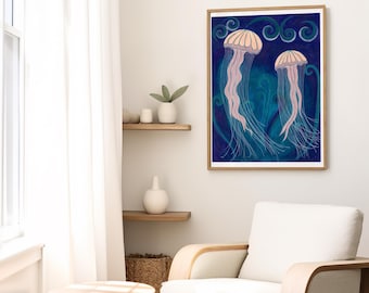 Jellyfish Painting Print | Sea life Wall Art | Coastal Ocean Beach Decor (Digital Download)