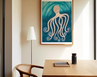 Octopus Wall Art | Marine Animal Painting | Mixed Media Sea life Print | Coastal Ocean Beach Decor (Digital Download)