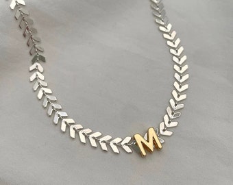 Personalized Laurel Mixed Metal Initial Necklace, Alphabet Necklace, Letter Necklace, Gold Initial Necklace, Meaningful Gift