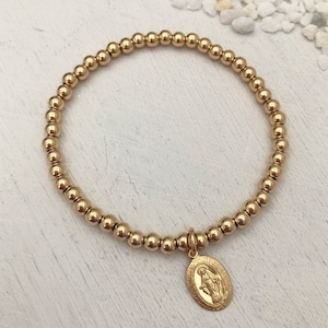 Miraculous Medal Bead Bracelet. Virgin Mary Bracelet. Religious Bracelet. Gold Bead Bracelet. Stretch Bracelet. Catholic Bracelet