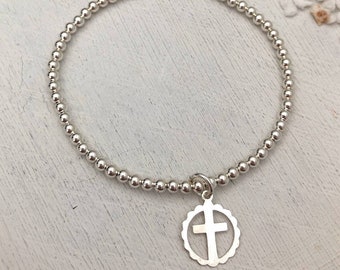 Cutout Cross Bracelet. Cross Outline Bracelet. Silver Bead Bracelet. Sterling Silver. Religious Bracelet. Catholic Bracelet.