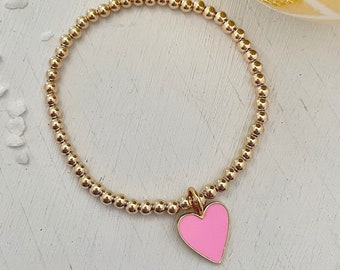 Pretty In Pink Enamel Heart Gold Fill Bead Bracelet, Breast Cancer Bracelet, Cancer Support Bracelet, Gift For Cancer Survivor