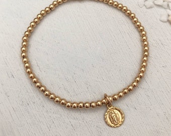 Virgin Mary Bead Bracelet. Mother Mary Bracelet. Gold Bead Bracelet. Christian Bracelet. Religious Bracelet. Stretch Cord Bracelet.