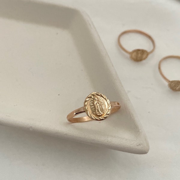 Tiny Miraculous Virgin Mary Medal Wedding Ring in 14kt Gold Fill or Sterling Silver, Faith Ring, Catholic Ring, Prayer Ring