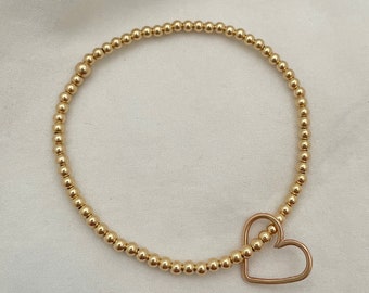 Open Heart Charm Gold Filled Beaded Bracelet, Solid Gold Bracelet, Everyday Bracelet, Dainty Gold Bracelet, Stretchable Bracelet