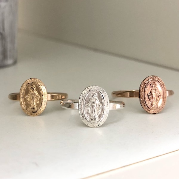 14KT Gold Miraculous Medal Ring, Catholic Wedding Gift, Virgin Mary Ring, Catholic Confirmation Ring, Blessed Mother Ring, Gift For Daughter