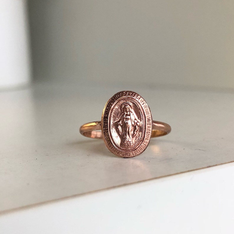 14KT Gold Miraculous Medal Ring, Catholic Wedding Gift, Virgin Mary Ring, Catholic Confirmation Ring, Blessed Mother Ring, Gift For Daughter image 4