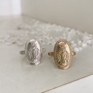 Mother Mary Miraculous Medal Ring Available in Sterling Silver or 14KT Gold Fill, Religious Gold Ring, Catholic Ring, Statement Ring