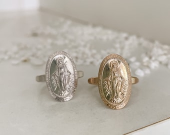 Mother Mary Miraculous Medal Ring Available in Sterling Silver or 14KT Gold Fill, Religious Gold Ring, Catholic Ring, Statement Ring