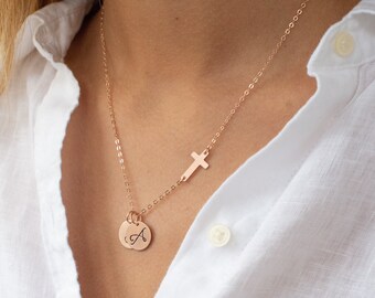 GOLD Cross And Initial Charm Necklace. Personalized Disc. Hand Stamped. Initial Necklace. Initial Disc. Cross Necklace. Gold Charm Necklace.