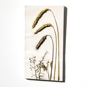 May include: A rectangular artwork featuring dried wheat stalks and small plants, all painted in gold. The wheat stalks arch gracefully against a white background, creating a natural, elegant composition. The artwork is mounted on a white surface.