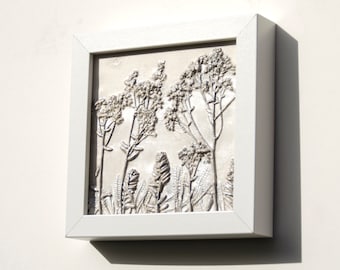 Framed Plaster Cast Tile, Botanical bas-relief, ALPINE ART, Entrepreneur Art, Modern Wall Art, Sliver and White Wall Art, original present