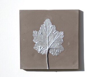 Silver Leaf Dark Brown colour Plaster Cast Tile, Botanical bas-relief, Trendy Wall Decor, Housewarming Gift,  Nature Minimalist Artwork