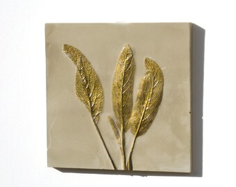 Sage leaves Plaster Cast Tile,  Green Botanical bas-relief, Trendy Wall Decor, Housewarming Gift for Her, Nature Lover Gift, Popular Artwork