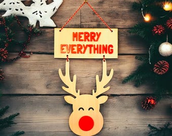 Pequeño reno navideño para colgar en la pared, decoración navideña para la pared, decoración de reno de madera, divertido reno navideño para colgar en la pared