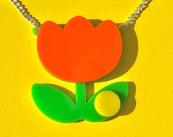 Collar de tulipán acrílico cortado con láser, colgante floral retro, cadena de plata de ley.