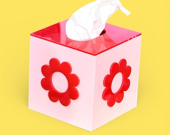 Tissue Box Cover Handmade from Vibrant Cast Acrylic with a Retro Flower Detail