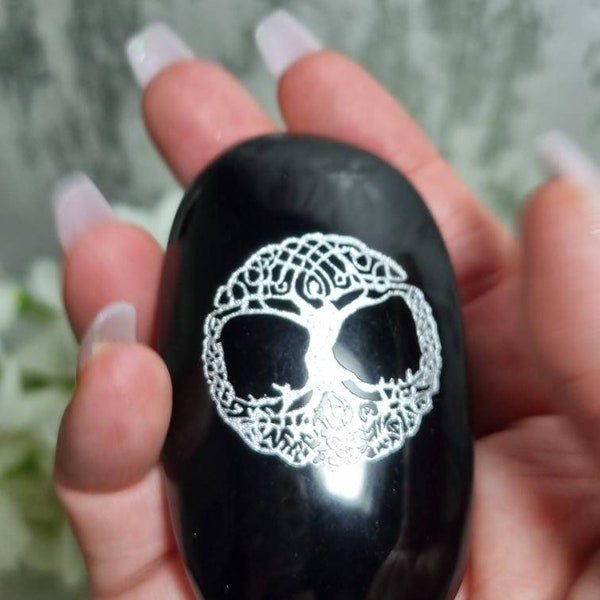 Black obsidian tree of life palmstone  / palmstone / crystals for / grounding / powerful protection/ balance / meditation / crystals for /