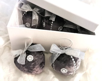 Velvet covered Christmas baubles. Christmas tree decorations. Handmade. Luxury ornaments. Silver flakes