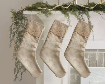 Epiphany stocking, Christmas stocking, hanging stocking, golden brocade satin, elegant, white Christmas, fireplace, deer