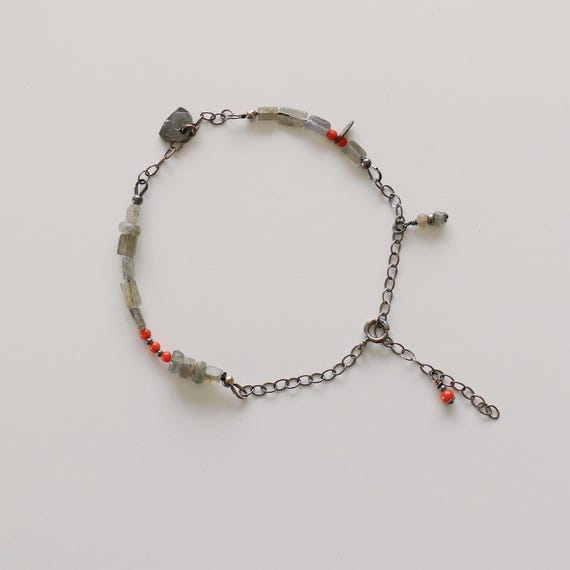 Oxidized Silver Anklet with Labradorite & Coral – One of a Kind