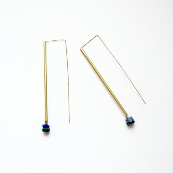 Triangle Brass and Natural Blue Stones Earrings