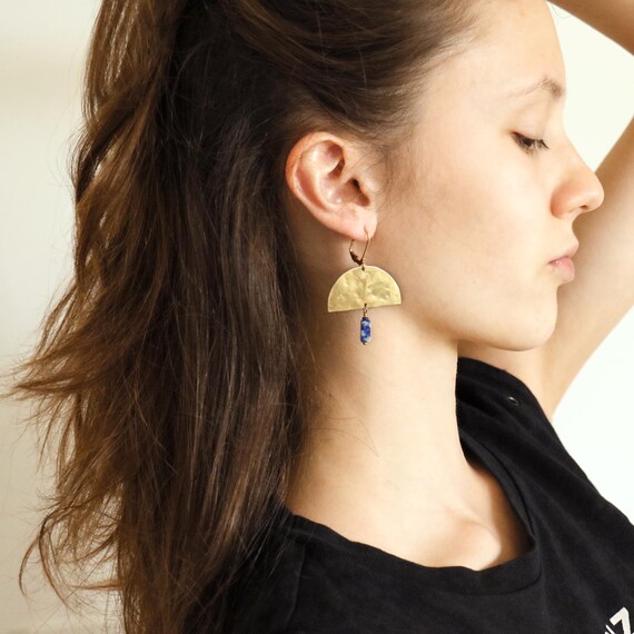 Hammered Semicircle Brass and Turquoise Earrings