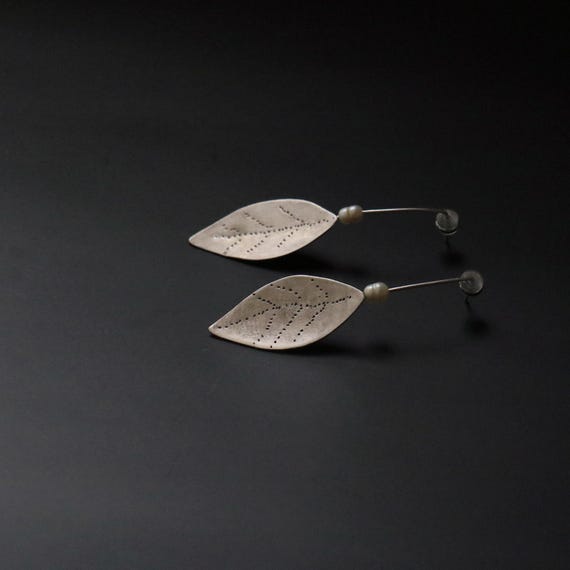 Sterling Silver Laurel Leaf Earrings with Freshwater Pearls: Handmade Unique Design