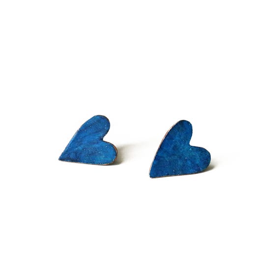 Hand-Painted Heart Earrings - Heart by Heart Collection - Handmade Colourful Earrings - Blue Hearts Earrings