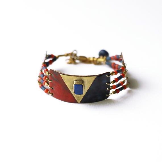 Handmade Enamel Bracelet with Lapis Lazuli & Coral on Brass – Unique Artisan Jewelry