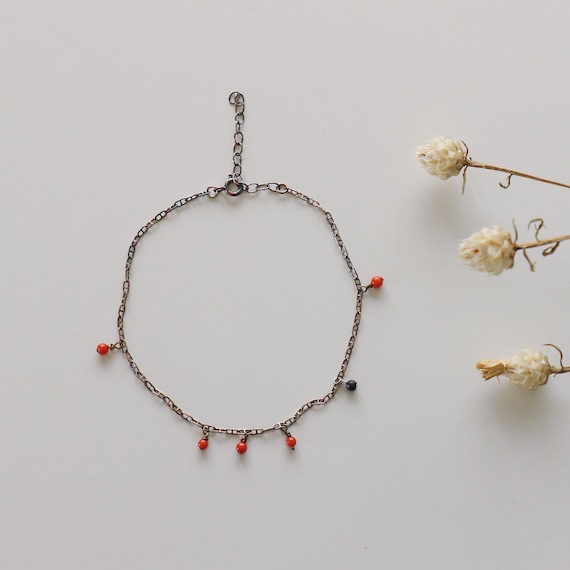 Oxidized Silver Anklet with Italian Coral & Lapis Lazuli Bead