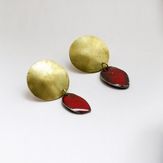 Gold Circle and Red Leaf Earrings