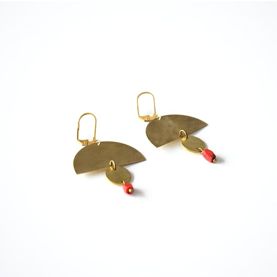 Handmade Brass Geometric Earrings with Red Afghan Stone – Gold-Plated Stainless Steel Hooks