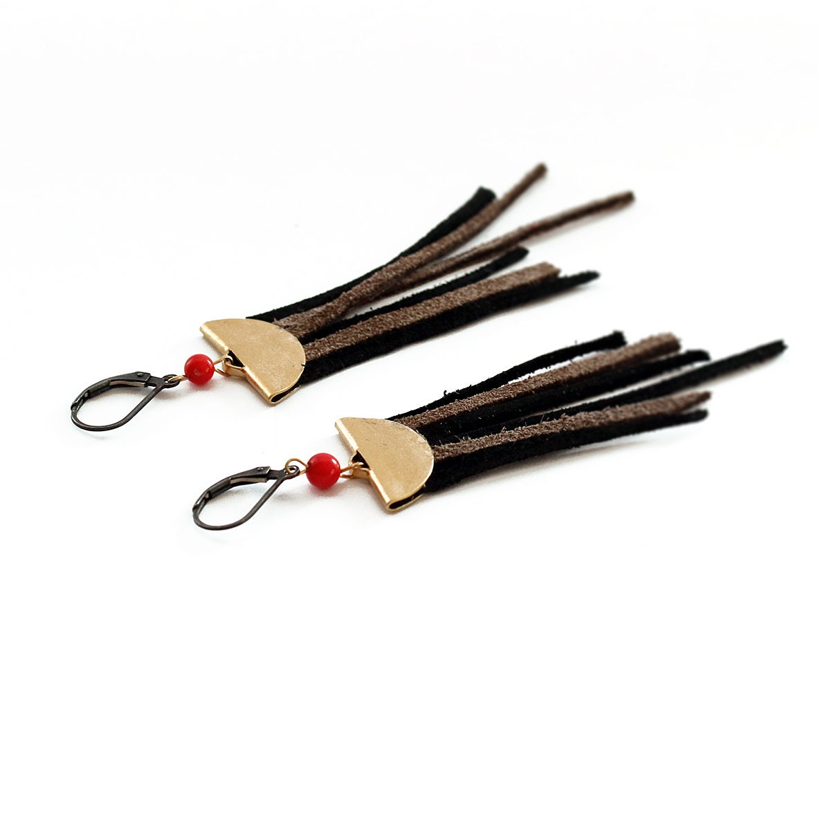 Long Leather Tassel Earrings Red Coral and Tassel Earrings Leather