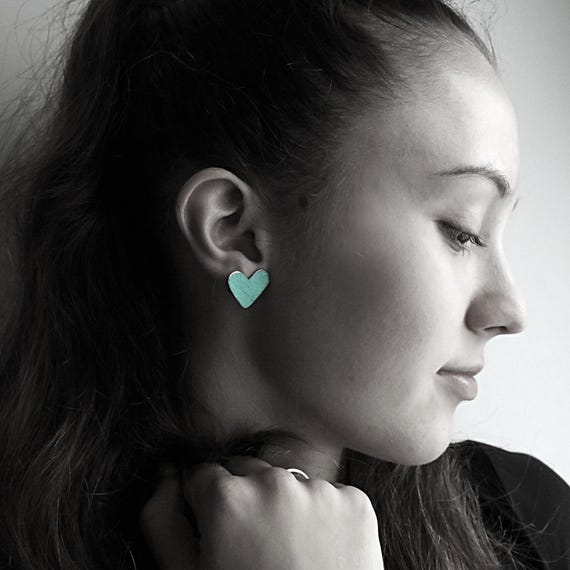 Hand-Painted Heart Earrings - Heart by Heart Collection - Handmade Colourful Earrings - Turquoise Hearts Earrings