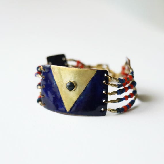 Ancient Elegance Enamel Bracelet – Brass, Coral & Lapis Lazuli – Unique Artisan Jewelry