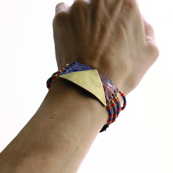 Handmade Enamel Bracelet with Lapis Lazuli & Coral on Brass – Unique Artisan Jewelry