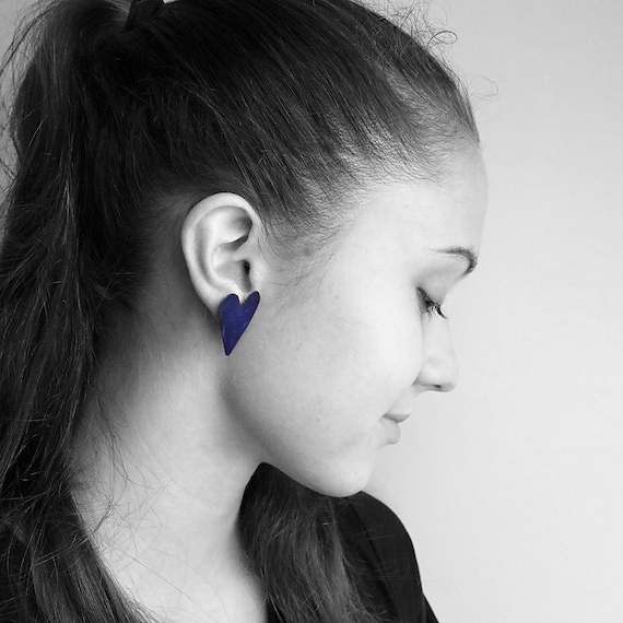 Hand-Painted Heart Earrings - Heart by Heart Collection - Handmade Colourful Earrings - Blue Hearts Earrings