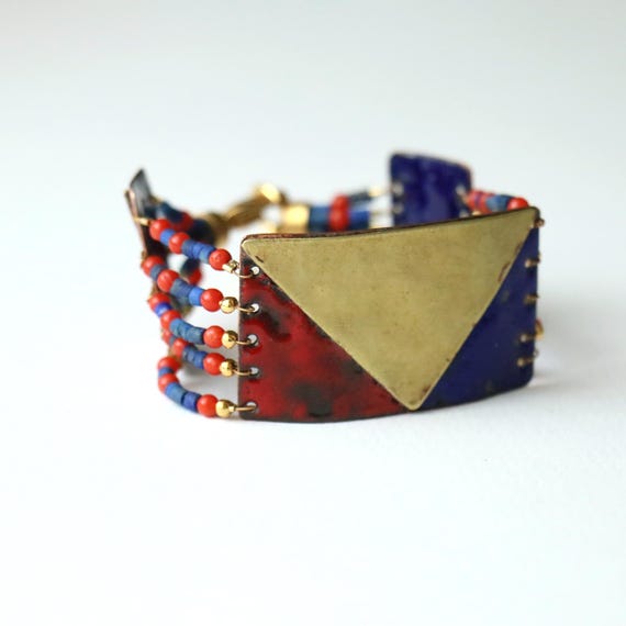Handmade Enamel Bracelet with Lapis Lazuli & Coral on Brass – Unique Artisan Jewelry