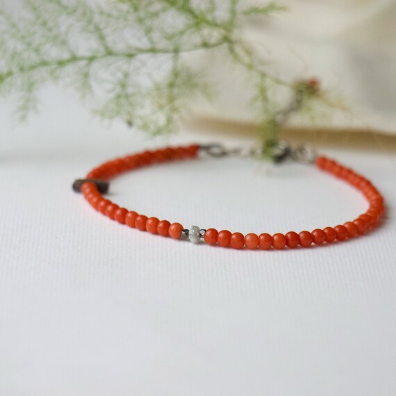 White Raw Diamond and Adriatic Coral Bracelet - one of a kind