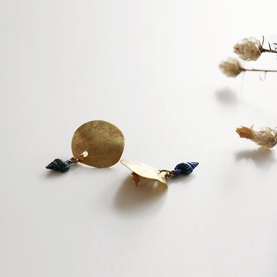Handmade Brass Earrings with Blue Seashell Charms – Unique Artisan Jewelry