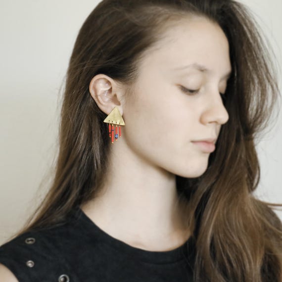 Handmade Brass Triangle Earrings with Lapis Lazuli & Afghan Stone