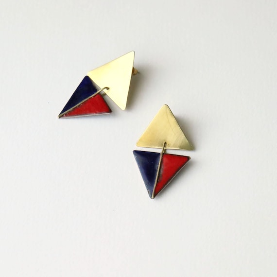 Unique Enamel Geometric Earrings in Red, Navy, and Gold