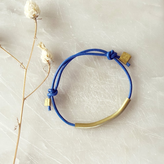 Bold Leather&Brass Bracelet - Blue Color