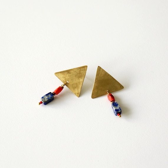 Handmade Brass Triangle Earrings with Lapis Lazuli & Afghan Stone