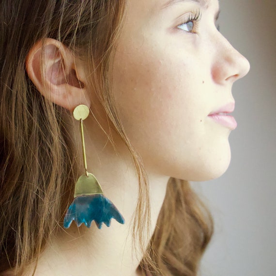 Boho Brass and Blue Enamel Earrings – Statement Handmade Jewelry – Long Artistic Drop Earrings – Lightweight Dangle Earrings