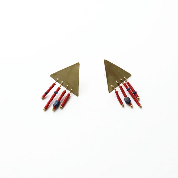 Handmade Brass Triangle Earrings with Lapis Lazuli & Afghan Stone